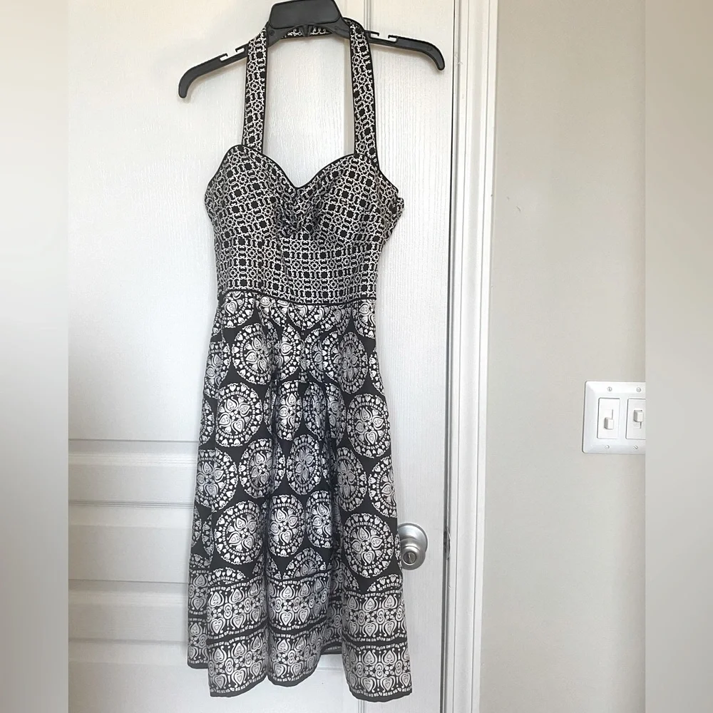 White House Black Market 100% silk black and white printed halter dress. - Picture 2 of 12